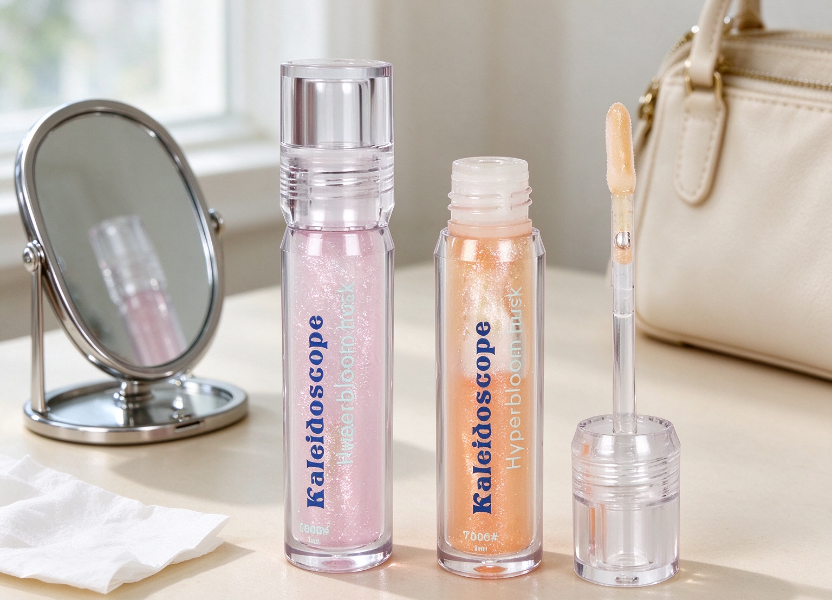 Lip color tint bottles placed near a handbag and makeup mirror, ideal for everyday touch-ups, travel, and simple lip care routines.