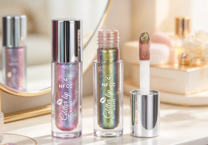 Two lip color changing lipstick bottles with iridescent pink and green gold liquid displayed on elegant vanity table with soft mirror background.