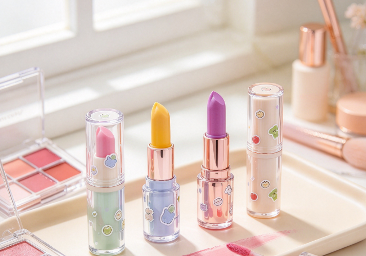 Actual size lip color changing lipstick set with soft swatches and mirror on clean beauty counter.